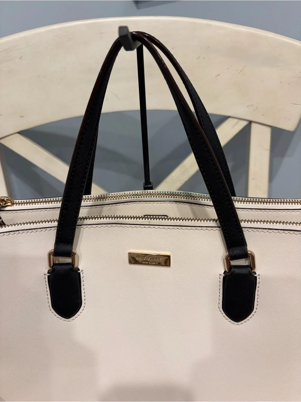 kate spade Cream and Black Leather Tote with Gold Hardware